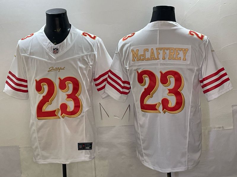 Men 2026 San Francisco 49ers #23 Mccaffrey White Gold 5th generations Nike Limited NFL Jersey style 001->san francisco 49ers->NFL Jersey